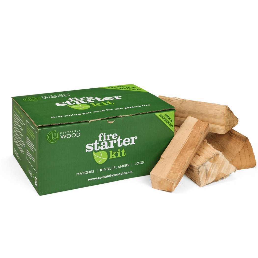 Start kit contains kiln dried hardwood logs and 2 KIndleFlamers natural firelighters